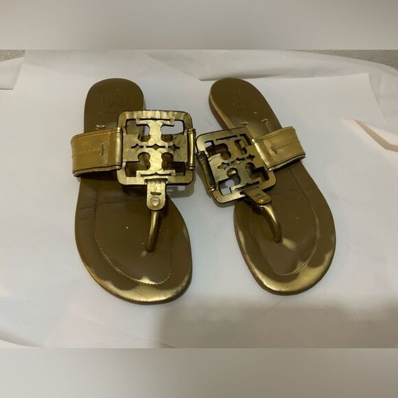 Tory Burch Miller Logo Patent Leather Sandals Vintage Gold  Size 7 - Picture 1 of 8